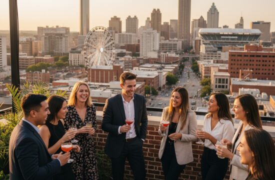 Young professionals on rooftop over downtown Atlanta GA