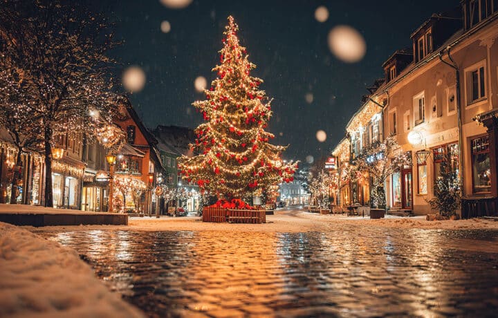 A festive street scene at night with a large Christmas tree wrapped in golden lights and red ornaments, standing at the center of a cobbled town square. Warm white bokeh fills the background, and the snow-covered ground reflects the tree's glow
